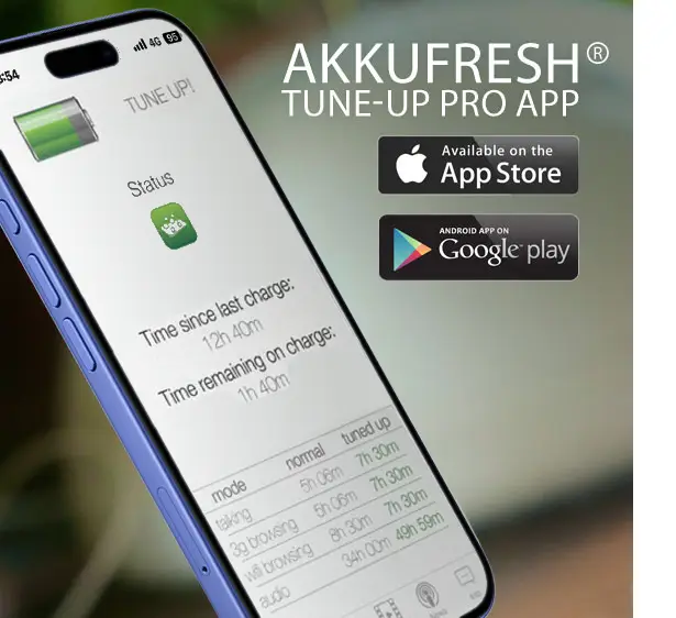 Get AkkuFresh® Tune-Up Pro App today to learn how to boost enormously your portable device’s battery life.